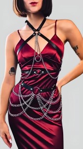 Harness damski skórzany komplet z łańcuchem – body harness regulowany
